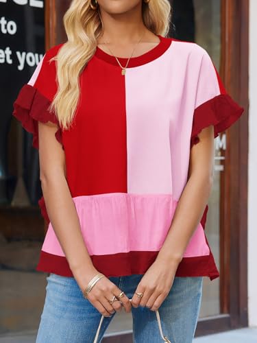 Tankaneo Womens Ruffle Batwing Sleeve Tops Summer Casual Color Block T-Shirts Loose Fit Peplum Babydoll Blouse4