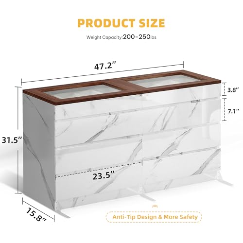 DWVO 8 Drawer Dresser with LED Light,White Marble Dresser, Modern 8 Chest of Drawers with Deep Drawers Glass Top High Gloss Surface, Storage Organizer Cabinet for Living Room, Bedroom