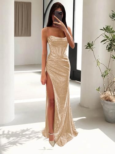 Women's Cowl Neck Glitter Sequin Prom Dresses Ruched Mermaid Corset Formal Dresses Evening Gowns with Slit3