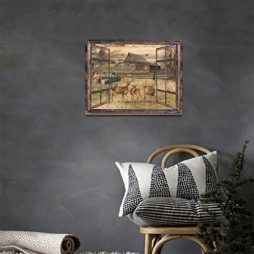 Farmhouse Deer Canvas Wall Art Country Wildlife Elk Rustic Old Barn Truck Wall Decor Vintage Deer Painting Picture Prints Framed Modern Artwork For Home Living Room Bedroom Bathroom 16"X12" #TOP1