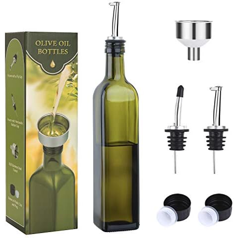 AOZITA 17oz Glass Olive Oil Bottle Dispenser - 500ml Green Oil and Vinegar Cruet with Pourers and Funnel - Olive Oil Carafe Decanter for Kitchen Cover