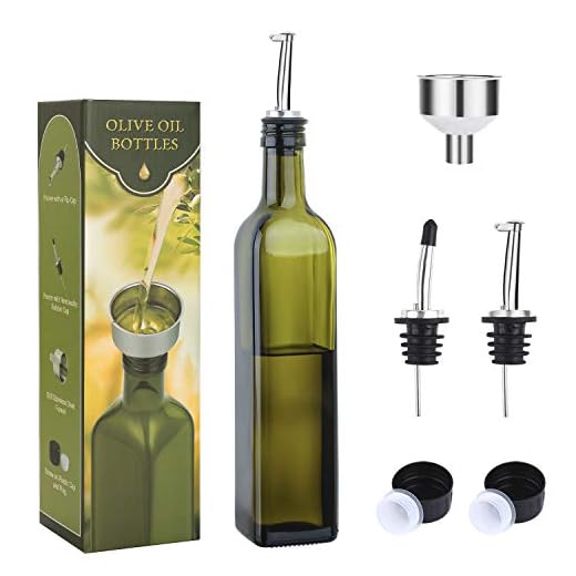 Aozita 17oz Glass Olive Oil Bottle - 500ml Green Oil & Vinegar Cruet with Pourers and Funnel - Olive Oil Carafe Decanter for Kitchen