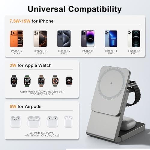 Image of 3 in 1 Wireless Charger Station for Multiple Devices, Foldable Magnetic Charging Stand, Portable Fast Travel Wireless Charger for iPhone17 /16 /15 /14 /13 /12 Pro Max / AirPods2 /3 /4 and IWatch Ultra Series
