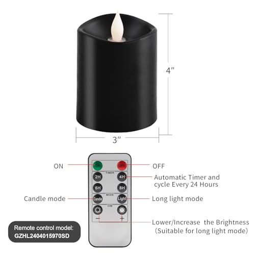 Image of 3x4 Flickering Flameless Candles Set of 1, 2AA Battery Life 600 Hours Battery Candles Flickering with Timer,4 inch Flameless Candles with Remote for Home Wedding Party Halloween Decoration, Black