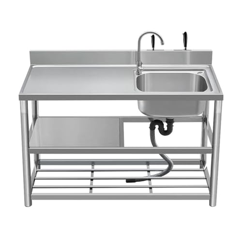Free Standing Utility Sink w/Workbench & Double Shelves, Stainless-Steel Single Bowl Sink Set w/Faucet & Drainboard, Commercial Restaurant Kitchen Sinks for Indoor, Outdoor, Bar(Silver Right,35.4