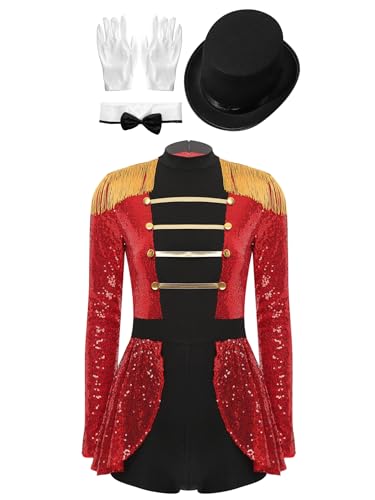 Yruioon 4Pcs Damen Zirkus Kostüm Zirkusdirektor Uniform Glitzer Tanzkleid Langarm Kleid Pailletten Body Overall Halloween Karneval Fasching Kostüm Rot S