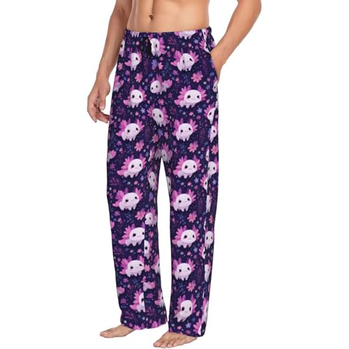 Mens Pajama Pants - Cute Axolotl Floral Print Soft Sleep Lounge Pants For Men, Casual Pj Bottoms With Pockets