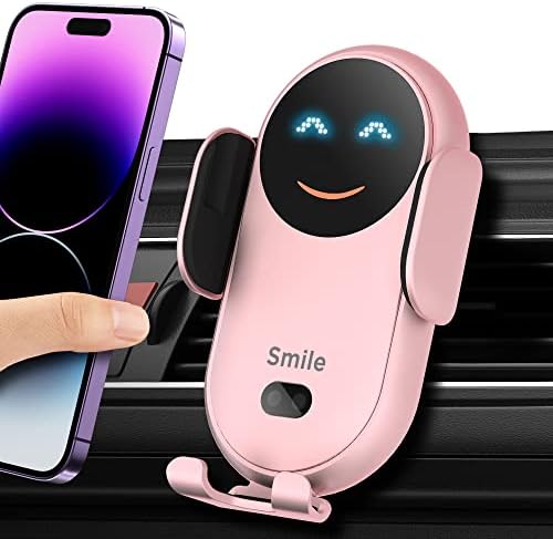 Upgraded Wireless Car Charger Mount, BENBOAR 15W Fast Charging Car Phone Holder Mount, [Smile] Cute Smart Auto-Sensing Phone Holder Car Air Vent Stand for iPhone Samsung Google LG etc Smartphones,Pink