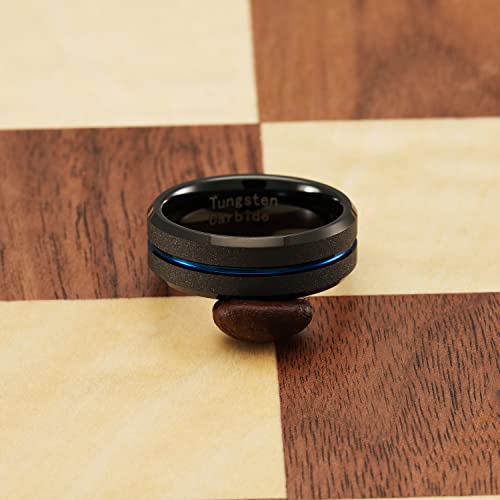 100S JEWELRY Black SandBlast Finish Beveled Edge Thin Blue Center Line Tungsten Rings For Men Women Wedding Promise Engagement Band Sizes 6-164