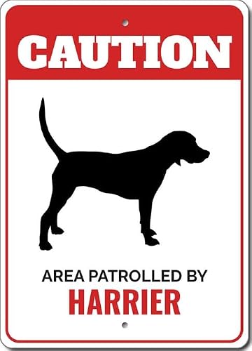 Patrolled By Harrier Caution Metal Sign Dog Kennel Pet Breed Canine K9 Paw