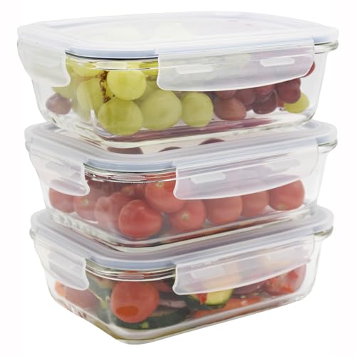 HOCHSTE Airtight Glass Food Containers with Lids - 3-Pack, 100% Leak Proof BPA Free Food Storage Containers with Locking Lids - Freezer to Oven Safe - Takeaway Containers - 3 Pack Blue - 1050 ml