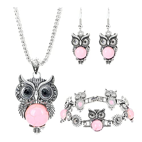 Parure de bijoux 3 pièces/ensemble de bijoux occidentaux vintage Calaite pour femme Hibou de nuit nationale Bijoux pour femme Style rétro Turquoise...