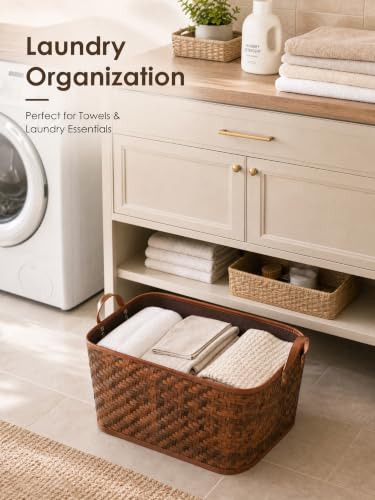 Image of BROWNLILY Oversized Storage Baskets Laundry Hampers with Structured Frame & Supported Bottom, Extra Large Closet Bins for Shelves Blankets Car Bedroom Bathroom Organizers (Pack of 4, Brown)