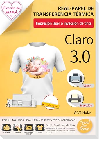 TransOurDream Real - Papel de Transferencia Fácil de Usar. Sin Impresión de Espejo A4x5 Hojas Papel Transfer Para Camisetas Blancas y Tejitos Claros Plancha Térmica Camiseta,