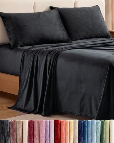 Image of Fleece Sheets Full Size Set - 4-Piece Velvet Flannel Sheet Set - Black