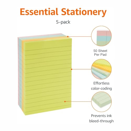 Image of Amazon Basics Rectangular Sticky Notes 4x6 Inch|Lined Sheets | Reusable Adhesive for Lists, Notes, Reminders | Perfect for Office, School, Home (Pack of 5, 250 Sheets, Assorted Colors)