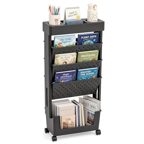 Image of BYFU 5-Tier Movable Bookshelf Cart, Rolling File Paper Storage Organizer Mobile Bookcase with Wheels for Home Office Study Classroom, Black