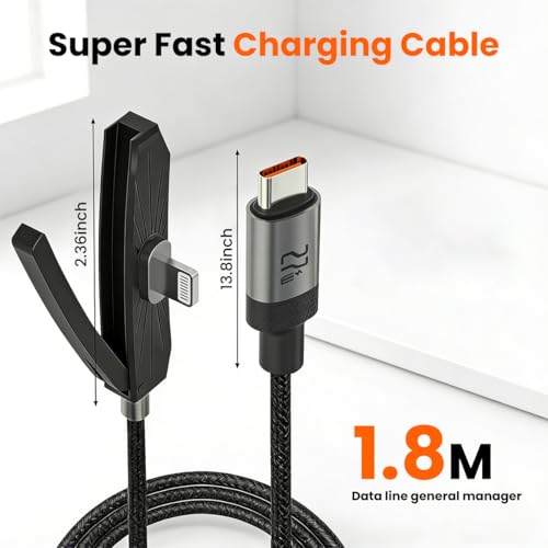 Image of Verilux 1.8M /5.9FT Right Angle Type C to Lighting Cable with Foldable Stand, PD 27W & 480Mbps Data Cable C Type Fast Charging with Nylon Braided Aluminum, Durable & Tangle-Free for iPhone 14 /13 /12