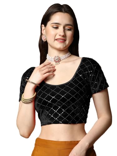 Image of Pujia Mills Ladies Stretch Velvet Lycra Saree Blouse, Black, One Size