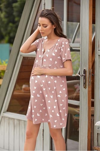 Ekouaer Labor and Delivery Gown, Nursing Dress, Maternity Nightgowns for Hospital Short Breastfeeding Nightgown Mauve Heart XL — view 2