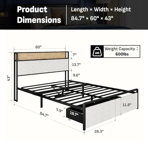 Image of Softa Queen Adjustable Bed Frame with Storage Headboard and Charging Station, Power Head Lift with 2 Footboard Drawers, Upholstered Metal Frame, No Box Spring Needed, White