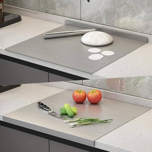 Tablas de corte de acero inoxidable para cocina con borde para encimera, tabla de picar pesada para carne, verduras y frutas, tabla duradera de amasar reversible para repostería miniatura 2