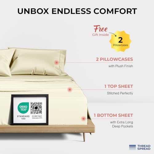 Image of THREAD SPREAD 100% Egyptian Cotton Queen Sheets Set - 1200 Series Plush Collection Luxury Egyptian Cotton Sheets Queen Size Deep Pocket (4 PC, Ivory), Soft, Cooling, Sateen Weave Sheet Set