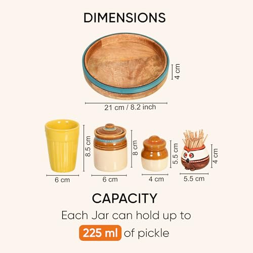 Image of AAKRITI ART CREATIONS Traditional Granny Pickle Tray Set | Ceramic Achar ki Barni & Mukhwas Box | Includes Teak Wood Tray & Utility Holders | Handcrafted Traditional Storage Jar for Spice & Pickle