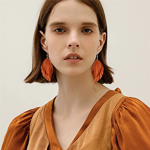 Handmade Bohemian Large Soft Genuine Leather Fringe Double Feather Lightweight Color PU Leaf Drop Dangle Earrings for Women Fashion Jewelry Gifts4