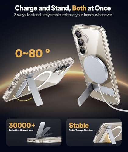 Image of Vihibii PC,Silicone For Samsung Galaxy S25 Clear Magnetic Back Cover With Stand,Compatible With Magsafe,[Anti Yellowing] Shockproof & Scratch Proof,Transparent Silm Phone Case 6.2 inch 2025,Clear