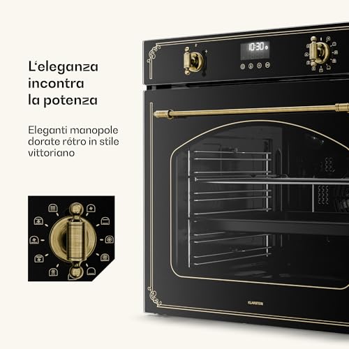 Klarstein Victoria Pyro Forno Da Incasso 60 Cm - 76L, 11 Funzioni, Pirolitico, Classe A, Design Retrò, Forno Elettrico Ventilato, Pulizia Facile, Manopole Dorate, Nero - 4