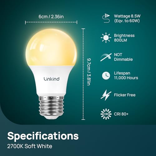 image for Linkind A19 LED Light Bulbs, 60W Equivalent, 8.5W Energy Efficient, 27