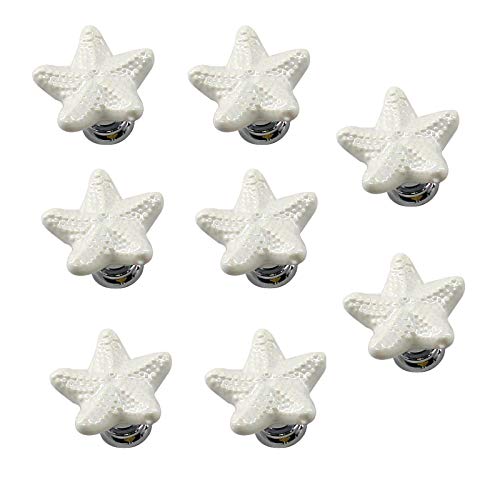 Annakideya Pack of 8 White Starfish Shaped Ceramic Drawer knobs with zinc Alloy Base Cabinet pulls Dresser Wardrobe Handles