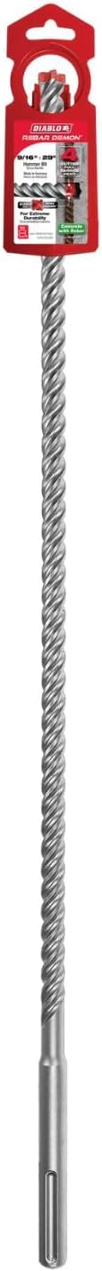 Diablo Rebar Demon SDS-Max 4-Cutter Full Carbide Head Hammer Drill Bit - 1/2" Diameter, 29" Length, 24" Working Length - DMAMX1040