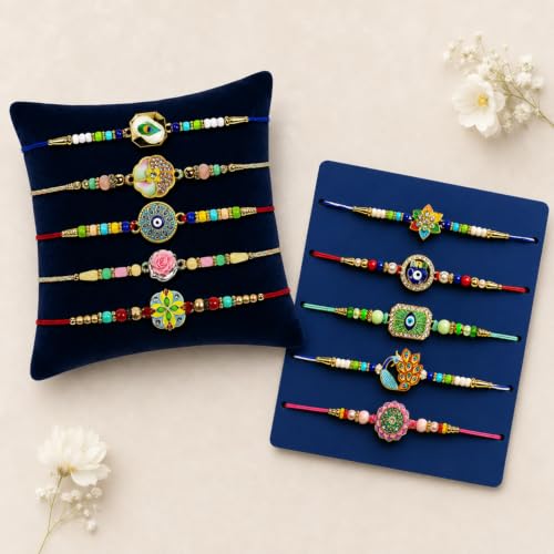 Image of DeoDap Rakhi with Chocolate for Brother - Multi Design Unique Style Rakhi 10 Pcs with Almond Chocolate, Silver Color Pooja Coin, Greeting Card & Tilak Set - Tradtional Raksha Bandhan Combo Pack