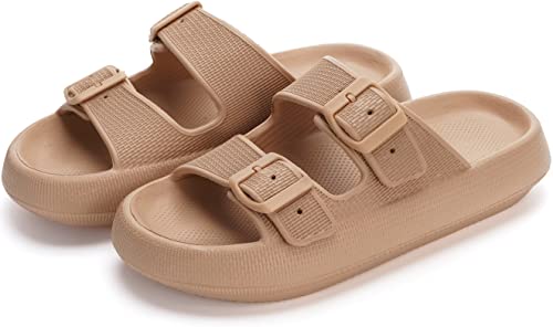 Whitin Cloud Slippers For Women Men Open Toe Massage Sandals Foam Cushion Extremely Comfy Pillow Sandals Adjustable Unisex Shower Slides Platform Double Buckle Sandles Brown #TOP1