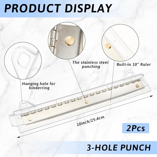 Image of 2 Pcs 3 Hole Puncher for Binder Portable 3 Hole Puncher for Ring Binders with 10 inch Ruler 5 Sheets Capacity for Office and School Supplies (Clear)