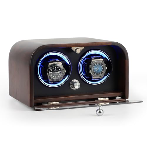 AUGMAXI Watch Winder for Automatic Watches, Luxury Black Walnut Wood 2-Slot Watch Winder Box with Anti-Magnetic Design, Ultra-Quiet Motor, 5 Mode Settings, and LED Ambient Lighting