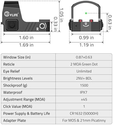 CVLIFE Motion Awake 2 MOA Green Dot Sight for RMS/RMSc, Open Reflex Sight for Compact Pistols, 50K Hours Battery Life IPX7 Waterproof, Fiber Optics Scope with Adapter for MOS & 21MM Picatinny Base — view 6