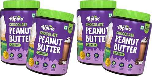 Image of ALPINO Chocolate Peanut Butter Crunch 2kg (1kg Pack of 4) - Roasted Peanuts, Chocolate Paste & Brown Sugar - 26% Protein, Source of Healthy Fats