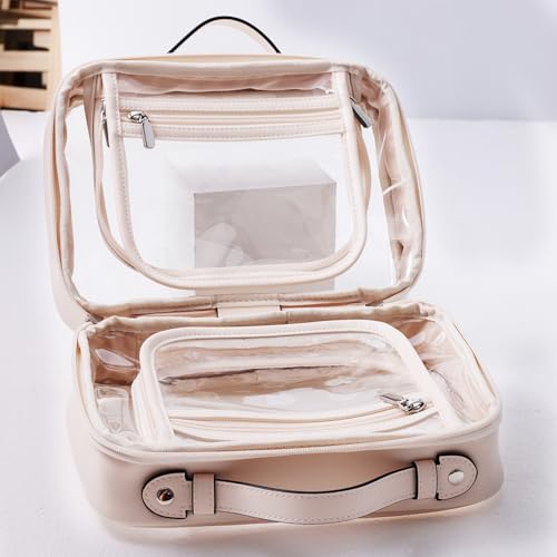 SANHECUN traveling toiletry Case large clear cosmetics case makeup bag Dimensions | LxWxH:10” x 4.5” x 7.5”(Beige, Medium)2