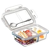 NUTRIUPS 0.6L Recipientes de Vidrio, Cajas Bento de Cristal con 2 Compartimentos, con Cuchara de Acero Inoxidable, Apto para Microondas y Horno (NO LAS TAPAS)-Rectangular