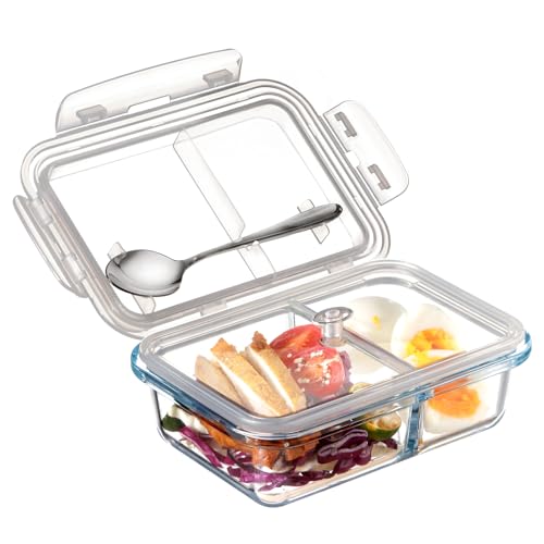 NUTRIUPS 0.6L Recipientes de Vidrio, Cajas Bento de Cristal con 2 Compartimentos, con Cuchara de Acero Inoxidable, Apto para Microondas y Horno (NO LAS TAPAS)-Rectangular
