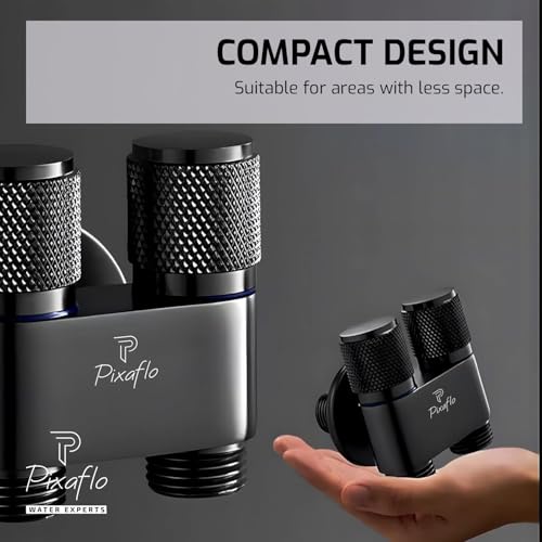 Image of Pixaflo Compact Brass 2 Way Angle Cock | 2-in-1 Angle Valve with Wall Flange | For Bathroom, Toilet, Wash Basin | Black Finish
