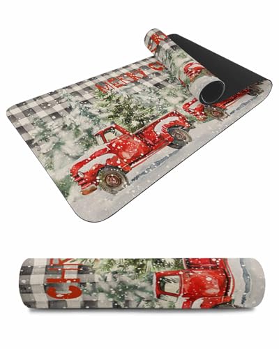 Debedcor Heat Proof Table Pads Waterproof Decorative, Christmas Red Truck Non-Slip Table Countertop Protector, Black Plaid Xmas Trees Snowflake Insulation Mat for Kitchen Room, 40 x 12 Inches