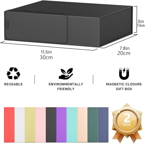 2 Pack Geschenkbox, 30x20x7,6 cm Geschenkboxen für Presents with Lids Magnetic Closure Rectangle Collapsible for Groomsman Proposal Box, Christmas, Halloween, Birthday Gift Packging (Schwarz)