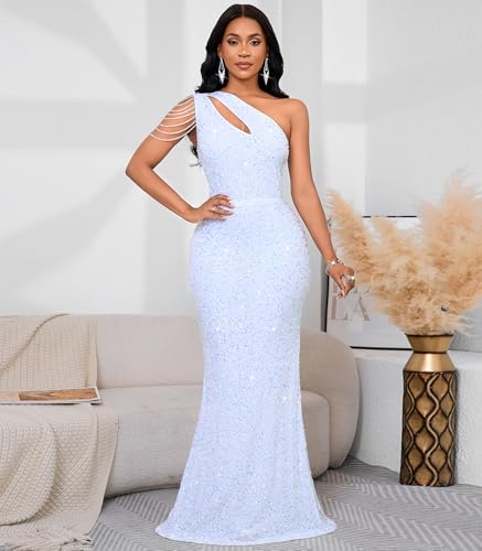Image of Cololura Women Sequin Elegant Sexy One Shoulder Tassel Mermaid Bodycon Cocktail Evening Dress