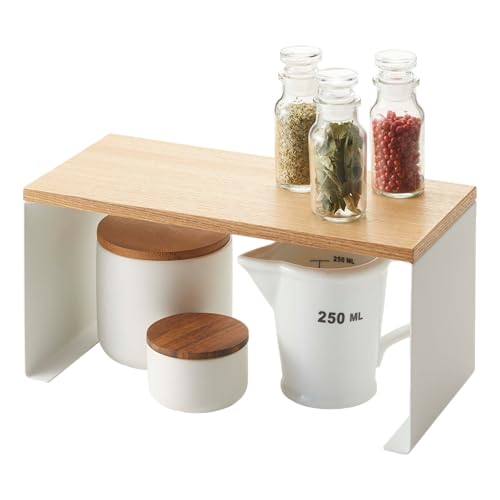 Image of YAMAZAKI Home Tosca Wood-Top Stackable Kitchen Rack - Modern Counter Shelf Organizer - Small - Steel + Wood - Stack Up to Two