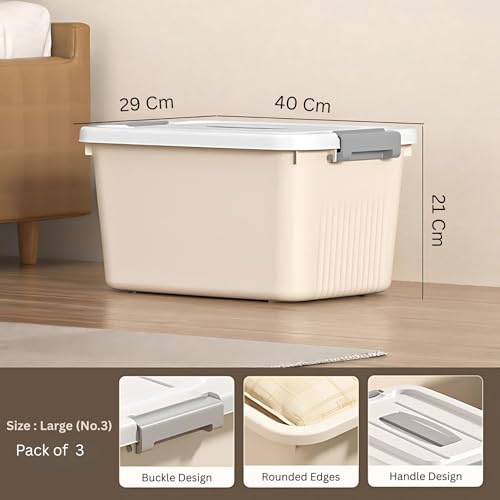 Image of HoopVool Multipurpose Plastic Storage Container Box - Sturdy and Versatile Home Organizer, Available in Multiple Size. (CREAM, LARGE - 14.5 X 10.5 X 8.2 INCH, PACK OF - 3)