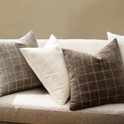 Image of MIULEE Cream Plaid Decorative Throw Pillow Covers 20x20 Set of 2 | Vintage Check Chenille Couch Pillows Neutral Boho Farmhouse Cushion Covers Modern Home Decor for Sofa Bed Living Room